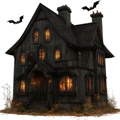 Canvas Print - Spooky black house with lit windows and bats flying overhead.