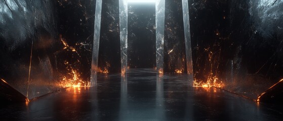 Sticker - a dark room with a fire burning in the middle