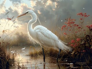 Poster - Great Egret in a Marsh at Sunset