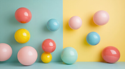 Poster - Colorful spheres create vibrant geometric art display against pastel background, evoking playful and cheerful atmosphere