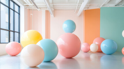Poster - Bright and colorful geometric spheres create playful art installation in modern space, evoking sense of joy and creativity. vibrant colors and shapes stimulate imagination