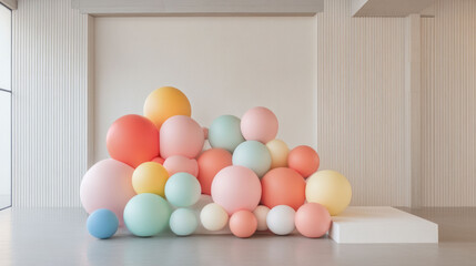 Poster - vibrant installation of playful geometric spheres in soft pastel colors creates whimsical atmosphere, perfect for boosting focus and creativity