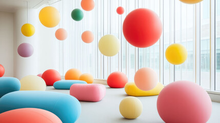 Poster - Vibrant spheres and colorful shapes create playful atmosphere in modern art installation, inviting joy and creativity