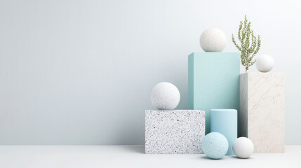 Fototapete - Spherical shapes in geometric design create serene and modern aesthetic. soft color palette and varied textures enhance visual appeal, making it perfect for contemporary decor