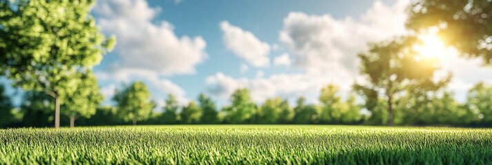 Wall Mural - Lush green grass field stretches towards sunlit trees under a vibrant blue sky with fluffy clouds, creating a serene panoramic view of nature's beauty.