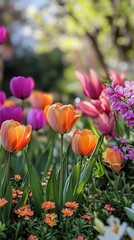 Wall Mural - Vibrant spring garden bursting with colorful tulips, magnolias, and daisies. Soft bokeh background highlights the lush, blooming flowers in foreground.