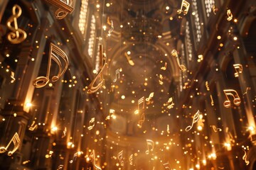 Classical instruments sparkling with light as music notes float in a dreamy atmosphere