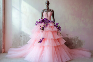 Mannequin with wedding dress is composed of multilayer pink tulle and purple flowers.