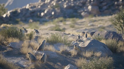 Sticker - A group of small animals on rocky terrain with sparse vegetation.