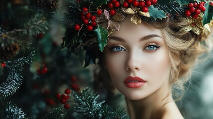 Enchanting winter portrait of a woman adorned with a festive holly wreath, her piercing blue eyes and red lips contrasting beautifully with the lush evergreen backdrop.