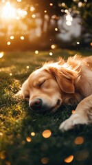 Poster - A peaceful golden retriever sleeping in a sunlit garden, surrounded by soft, glowing light.