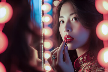 Wall Mural - Woman applying red lipstick in front of a mirror with glowing lights