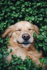 Poster - A golden retriever peacefully resting among lush green leaves.