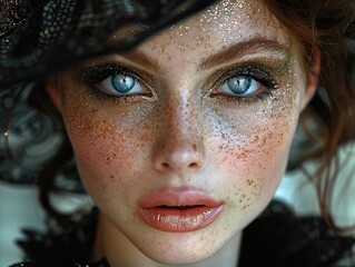 Wall Mural - Close-up Portrait of a Woman with Blue Eyes and Glitter Makeup