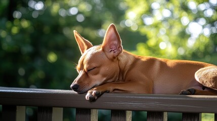 Poster - A peaceful dog resting on a railing in a sunlit environment.