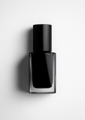 A bottle of black nail polish is shown on a white background