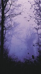 Sticker - A misty forest scene with purple hues, evoking a mysterious and tranquil atmosphere.