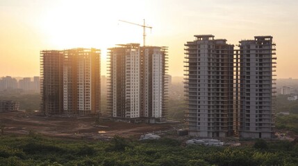 Sticker - Real condominium under construction architecture building construction crane.