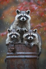 Sticker - Three raccoons perched on a rusty barrel amidst a rainy, colorful backdrop.