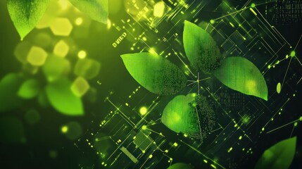 Poster - Digital Green Leaves on Abstract Circuitry