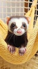 Poster - A cute ferret resting in a cozy yellow hammock.