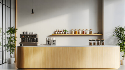 Sticker - Modern cafe interior with island and cooking space, mockup wall