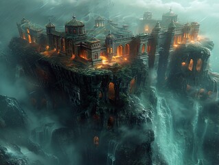 Sticker - Mysterious Castle on a Clifftop with Rain and Waterfalls