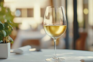 a glass of white wine in a restaurant, alcohol luxury background - generative ai