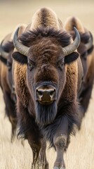 Sticker - A close-up of a bison leading a herd across a grassy landscape.