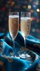 Two champagne glasses sparkle with bubbles against a colorful, textured backdrop