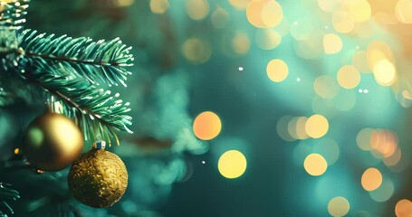 Wall Mural - Festive Christmas tree with golden baubles and bokeh lights ideal for slow motion video holiday background