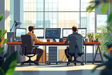 Two men work at their desks. This image can be used for websites, blogs, or social media posts.