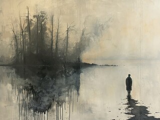 Wall Mural - Solitude by the Water: A Minimalist Landscape Painting