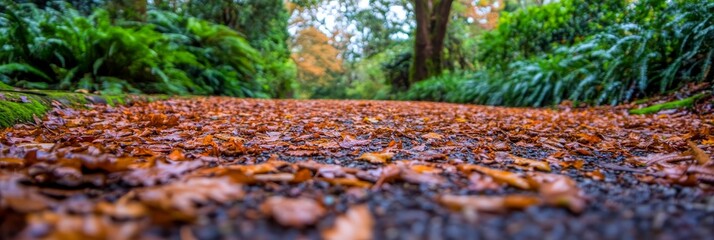 Vibrant carpet of orange leaves covering a wet path, with a blurry green forest background in autumn