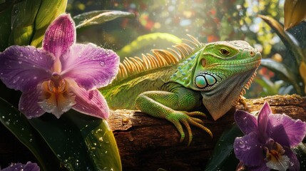 Canvas Print - Green Iguana Resting on Branch with Orchid