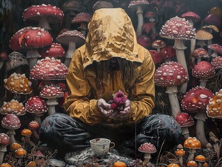 Poster - Surreal Forest Painting: Person Surrounded by Mushrooms