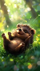 Poster - A cute hedgehog playfully lying on its back in a sunny, green environment.