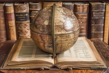 Antique globe resting on open book symbolizing scientific exploration