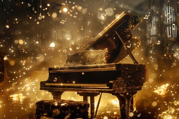 Wall Mural - A classical music score glowing with sparkling notes and floating instruments around it.