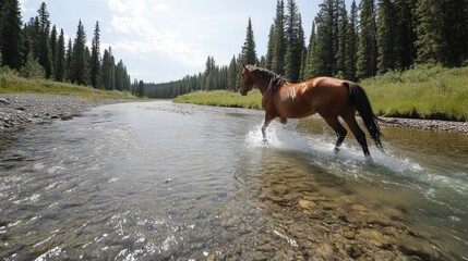 Poster - A horse wades through a shallow river surrounded by lush trees and natural scenery.