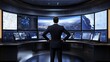 © Антон Сальников - Businessman looking at charts monitor world map on dark blue background generative AI
