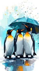 Poster - Three penguins standing under an umbrella in a colorful, snowy environment.