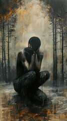 Wall Mural - Melancholy Figure in a Dark Forest: A Painting of Loneliness and Despair