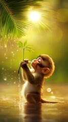 Canvas Print - A young monkey joyfully holds a small plant, surrounded by a serene, nature-filled background.