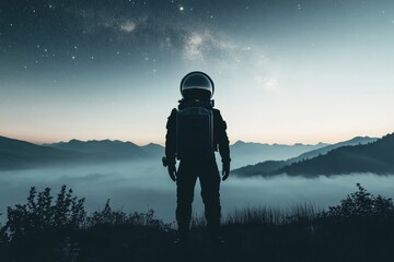 Wall Mural - in the background, an astronaut is standing on top of a mountain and looking up into the night sky, 