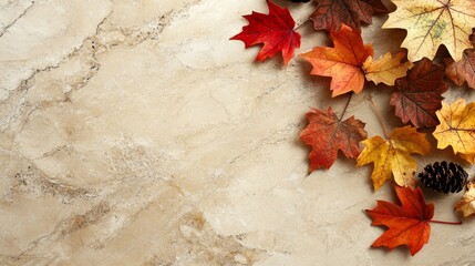 Canvas Print - A stock image of yellow and red autumn leaves on a light background, an autumn background with copy space.