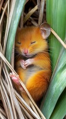 Poster - A sleeping orange and gray small mammal nestled among green leaves.