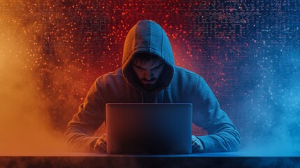 Hacker at computer using digital business interface on blurry dark background. Hacking and attack concept.