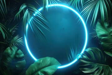 Wall Mural - tropical neon circle frame light background glowing.