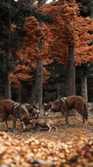 Canvas Print - A pack of wolves in an autumn forest, interacting with a deer on a bed of fallen leaves.